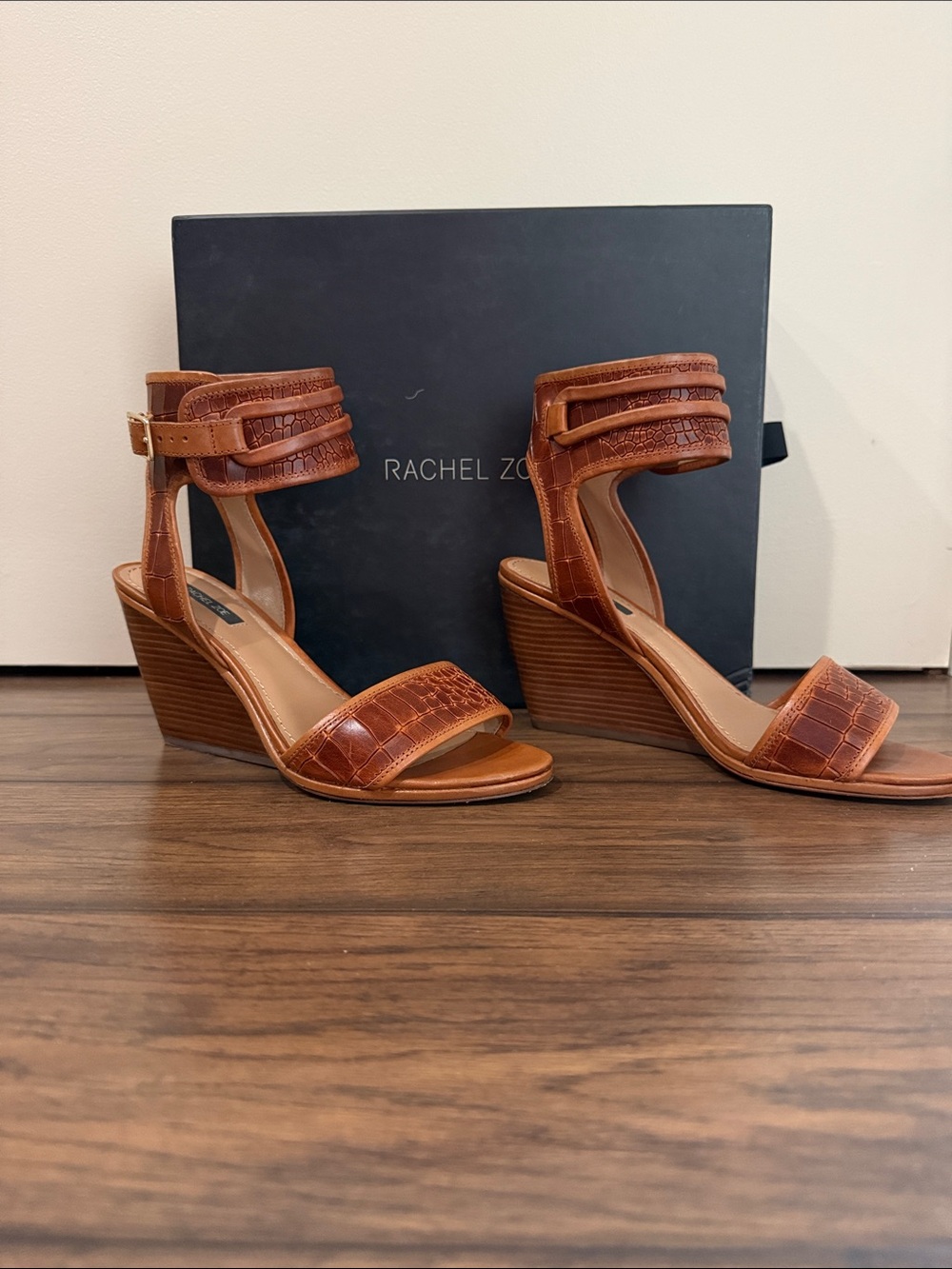 Rachel Zoe Cognac Croc-Embossed Ankle-Strap Wedge Sandals